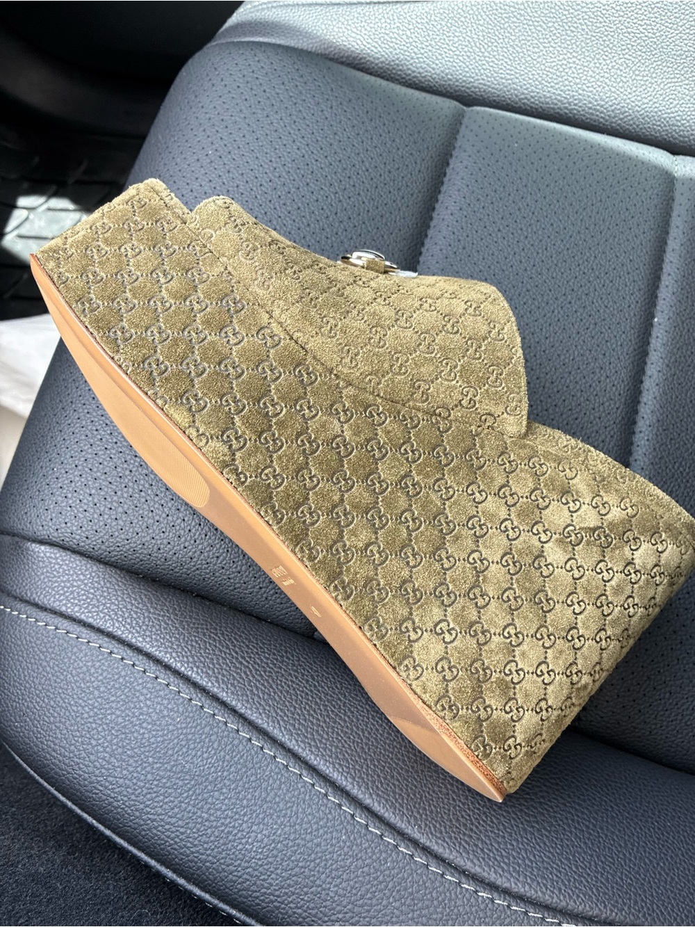 Gucci Olive GG Suede Wedge Shoulder Bag with Tan Sole